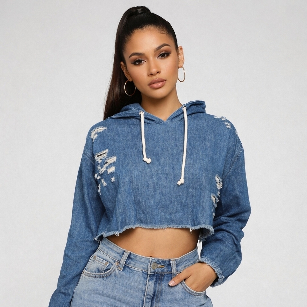 New Fashion Nova Distressed Denim Cropped Hoodie Top Medium Jenny From The Block